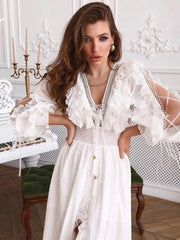 Lizakosht Sexy solid color long-sleeved loose dress waist spring and summer female V-neck stitching lace embroidery swing new dress
