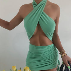 Lizakosht Silk Cross Neck Tie Rope Pleated Party Nightclub Hip Wrap Skirt Dress Summer Women's Dress