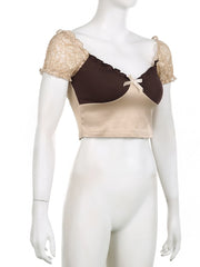 Lizakosht Tee Shirt Femmes Crop Tops V-neck Backless Puff Sleeves Lace Top Womens Tops and Blouses Summer Clothes Fashion T Shirt