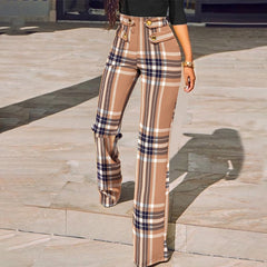 Lizakosht Casual Women Trousers Fashion Leggins Houndstooth Print Buttoned High Waist Wide Leg Tailored Pants