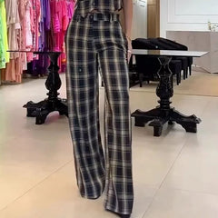 Lizakosht Women Two Piece Set Summer Fashion Plaid Print V Neck Sleeveless Top Casual Loose Wide Legs Pants Sets High Streetwear