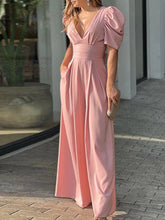 Lizakosht Elegant Office High Waist Wide Leg Pant Romper Sexy Deep V Neck Solid Puff Sleeve Jumpsuit Fashion Chic Hollow Backless Playsuit