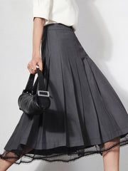 Lizakosht Women's Skirts New Grey Lace Stitching Pleated High Waist A-Line Midi Skirts Commuter Free Shipping