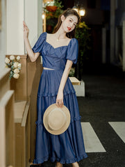 Lizakosht Summer Denim Blue 2 Piece Set Woman Vintage Chic Slash Neck Puff Sleeve Short Design Shirt Tops & Long Midi Skirt Lady Outfits