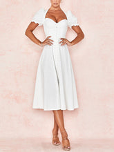 Summer Leisure Time Pure Color Dresses Front Open Button Straight Neck Bubble Short Sleeve Slim Fit White Elegant Long Dress