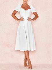 Summer Leisure Time Pure Color Dresses Front Open Button Straight Neck Bubble Short Sleeve Slim Fit White Elegant Long Dress