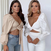 Lizakosht Sexy V-neck Navel-exposed Long-sleeved Shirt Autumn And Winter New Fashion Lace-up Slim Top