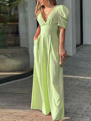 Lizakosht Elegant Office High Waist Wide Leg Pant Romper Sexy Deep V Neck Solid Puff Sleeve Jumpsuit Fashion Chic Hollow Backless Playsuit