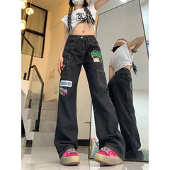 Lizakosht Long Embroidered Animal Baggy Jeans Woman Retro Brown Trousers Fashion Couple Denim Jogging Pants High Waist Straight Old Jean