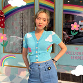 Lizakosht Summer Blue Sky Short Sleeve Sweater Women Flower Rainbow Cardigan Crochet Top Satin Top Pull Femme Causal Kawaii T Shirts 2023