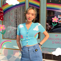 Lizakosht Summer Blue Sky Short Sleeve Sweater Women Flower Rainbow Cardigan Crochet Top Satin Top Pull Femme Causal Kawaii T Shirts 2023