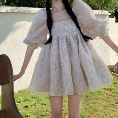 Lizakosht Summer Women Dress Both-Sides Wear Floral Print Chiffon Organza Dress Sexy Square Neck Puff Sleeve Party Prom Skirt Short Sweet