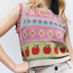 Spring 2022 Women Fashion Jacquard Crop Knitted Vest Sweater O Neck Sleeveless Chic Female Casual Waistcoat