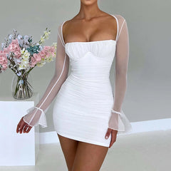 Lizakosht Fall Summer Women Sexy Mesh Long Sleeve Backless Ruffle Backpack Hip Halter Skirt Lady Elegant Ball Evening Dress Vestidos