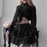 Lizakosht Mall Goth Lace-up High Waist Ruffles Skirts Punk Aesthetics Bandage A-line Lace Trim Black Tutu Skirt E-girl Outfits y2k skirt