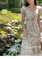 Lizakosht Women's Vintage Court Style Lace Short Sleeve Dress Summer Fashion Temperament Female V-Neck Lace Print Mid-calf A-line Dress