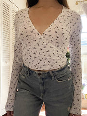 Lizakosht Chic Floral Print Slim Wrap Crop Top Women Spring Sexy V Neck Lace-up Long Sleeve T Shirt Female Vintage Casual Tops Y2k