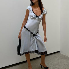 Lizakosht Elegant Lady Lace Trim V Neck Mini Dress Chic Women Birthday Club Party Night A-line Dress Vintage Y2K French Romance Streetwear