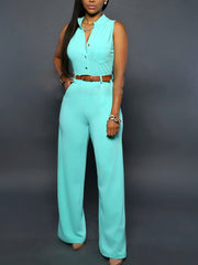 Lizakosht Women Casual Sleeveless One Piece Romper Office Sexy V-neck Shirt Jumpsuit Fashion Wide Leg Trousers With Belt Playsuit Overalls
