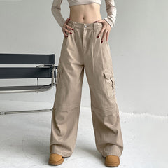 Lizakosht Solid Wide Leg Multi pocket cargo denim trousers casual Gothic Punk Parachute Women Y2K Harajuku Techwear Grunge Pants