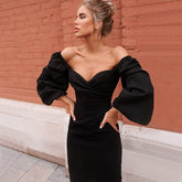 Elegant Evening Party Long Dress Women Long Lantern Sleeve V Neck French Slim Dresses Spring Summer Solid Streetwear Sexy Dress