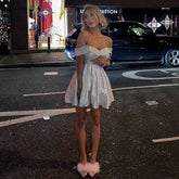 Lizakosht Bling Glitter Women Off Shoulder A Line Mini Dress Pleated Party Elegant Festival Evening 2022 Summer Clothes Clubwear Vestidos