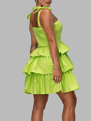 Lizakosht Elegant High Waist Stitching Ruffle Cake Dress New Women Solid Tie-up Straps Mini Dress Summer Fashion Casual A-Line Party Dress