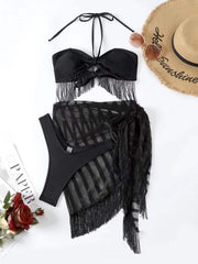 Lizakosht New Sexy Halter Bikini Set And Mesh Beach Sarong Swimwear Women Swimsuit Female Tassel Bikini Push Up Bathing Suit Bathers
