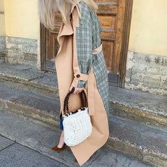 Lizakosht Causal Light Tan Fashion Autumn Winter Trench Windbreaker Split Joint Elegant Long Sleeve Coat Plaid Long Women Coat with Belt