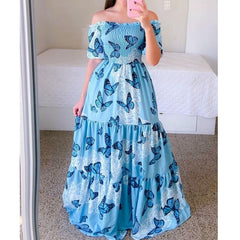 Wepbel 2022 Slash Collar Maxi Dress Women Off-Neck Printed Large-Hem Tube Top Dresses Slim Fits Full Length Bohe Dress Vestidos