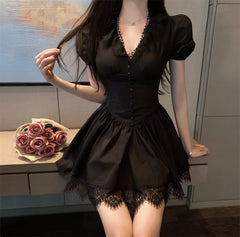 V-neck Lace Princess Dress Sexy Women's Summer Mini Dress 2022 Black High Waist Slim Puffy Short Sleeve Party Dress Robe Femme