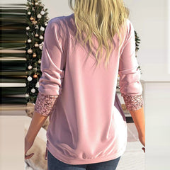 Lizakosht New Solid Sequin Patchwork V-neck Women Top Casual Long Sleeve Drawstring Loose Shirt Autumn Vintage Office Commuter Lady Blouse