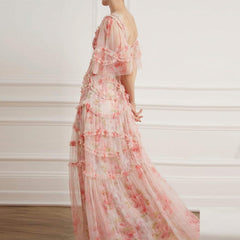 Lizakosht Vacation Floral Print Long Dress Women Short Sleeve Boho Fairy 3 Layers Mesh Pink Fit Flare Party Vestidos Runway Clothes F281