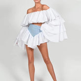 Lizakosht New Summer Two-Piece Suit One-Way Neck Ruffle Top Lady Elegant Ruffled Lady Tight Sexy Celebrity Party Suit