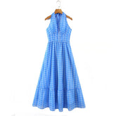 Lizakosht Romantic Women Blue Plaid Halter Long Dress Sexy Backless Sleeveless Ladies Holiday Summer Dresses Fairy Robe
