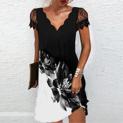 Lizakosht Women Elegant Dresses Summer V Neck Lace Short Sleeve Dress Sexy Printed Plus Size Female Dresses Black Party Dress Vestidos