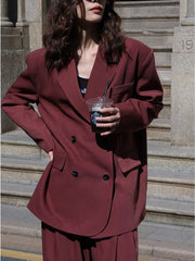 Lizakosht Autumn Women Solid Loose Blazer Suit Office Lady Double Breasted OverSize Fashion Blazer+pants 2Piece Set Korean Streetwear