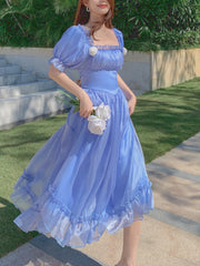 Lizakosht Summer Vintage Backless Dress Women Backless Fairy Party Midi Dresses Female Korean Fashion Casual Lace Up Bow Sweet Dress 2022