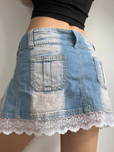 Lizakosht Kawaii Denim Skirt Fairycore Vintage Lace Hem Patchwork Women Korean Spring A-line Pleated Mini Skirts Blue Casual Streetwear