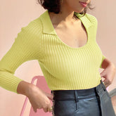 Lapel Long-sleeved Knitted Top Casual Fall/winter New Fashion Women's Solid Color Lapel Slim Short Bottoming Shirt Women