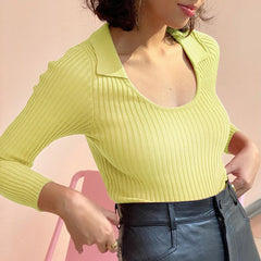 Lapel Long-sleeved Knitted Top Casual Fall/winter New Fashion Women's Solid Color Lapel Slim Short Bottoming Shirt Women