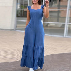 Lizakosht Summer Sling Romper Office Fashion Flying Sleeve Solid Long Jumpsuit Chic Women One Shoulder Flare Wide Leg Pants Overall