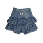 HOUZHOU Belts Y2k Pleated Denim Skirt Women Sexy Egirl Double Layer Ruffle Patchwork High Waist Jean Skirt Shorts Punk Summer