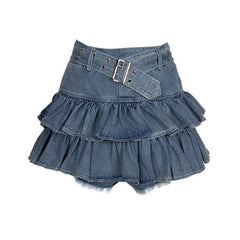 HOUZHOU Belts Y2k Pleated Denim Skirt Women Sexy Egirl Double Layer Ruffle Patchwork High Waist Jean Skirt Shorts Punk Summer