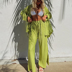 Lizakosht for Women Two-piece Pleated Pants Suits Casual Chic Solid Color Long Sleeve Straight Leg Trousers Set Female Sleepwear