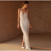 Lizakosht Deep V Sling Split Tassel Long Dress Women Sleeveless Floor Length Slim Robes Summer Sexy Lady Backless Evening vestido