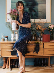Lizakosht Women Dress French Floral Dress Summer New Slim Mid-length Ladies V-neck Dress