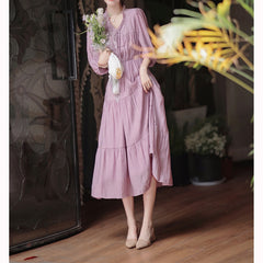 Lizakosht Women's New Spring New Style Wooden Ear Tie Fashion Lantern Sleeve Dress