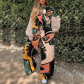 Lizakosht Autumn 2-Piece Set Women's Printed Casual Round Neck Sweater + Sports Wide Leg Pants Streetwear Basic Hoodie Set