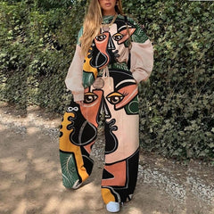 Lizakosht Autumn 2-Piece Set Women's Printed Casual Round Neck Sweater + Sports Wide Leg Pants Streetwear Basic Hoodie Set